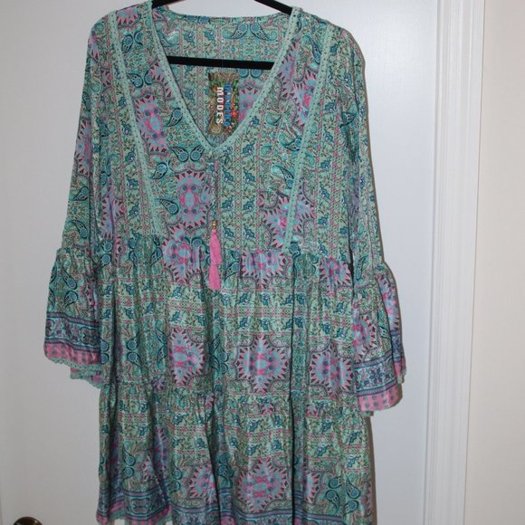 Bohemian Style Print Dress Bell Sleeve V-Neck Tassels Ribbon Made in India OS - Picture 14 of 14